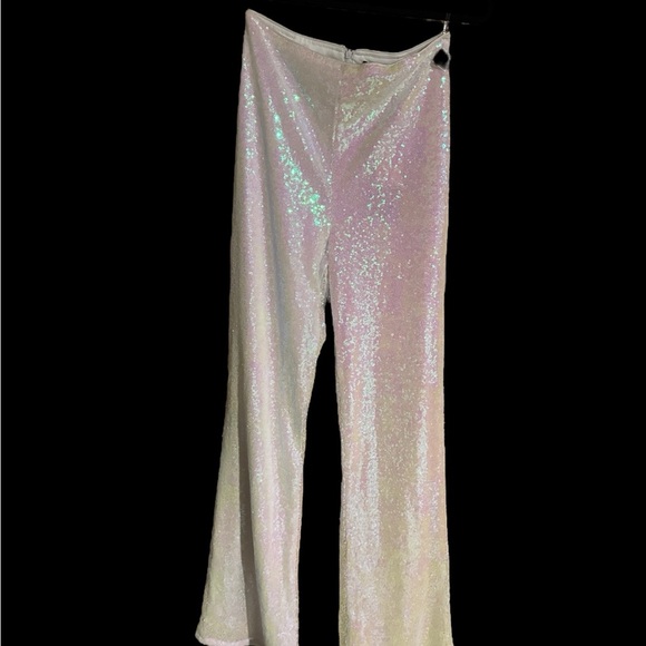 PrettyLittleThing: Iridescent, White, Sequin Wide Leg Trousers - Picture 1 of 5